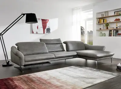 Graues Ecksofa mit Longchair, schwarzer Stehlampe, Teppich und Wandregal im Wohnzimmer